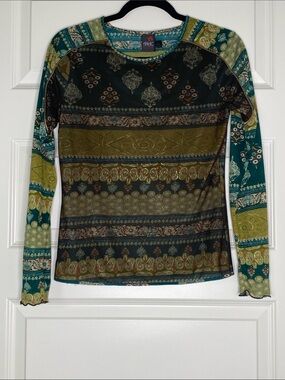 Anac y2k Teal, Olive & Black Long-Sleeve Printed Top with Mesh Overlay